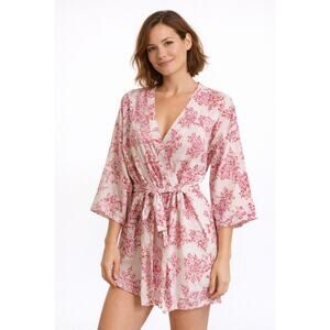 Plum Pretty Sugar Robe Womens Small Pink Floral Cotton Belted Lightweight Short